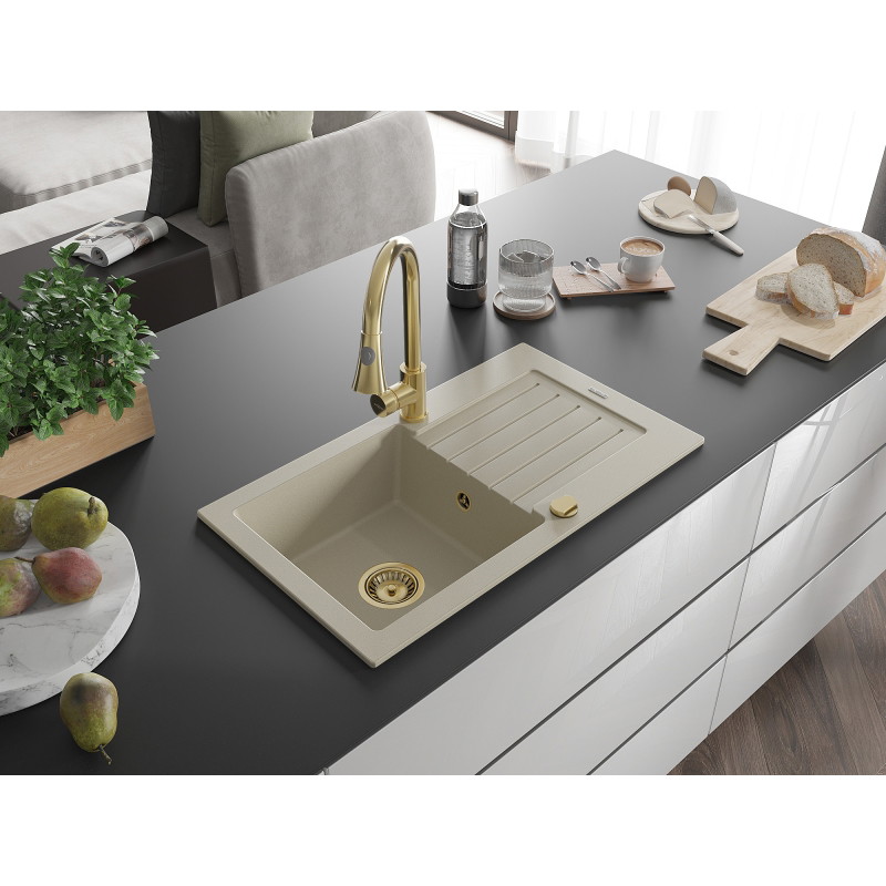 Mexen Pablo Granitspüle 1-beckig mit Abtropffläche und Küchenarmatur Elia, beige - 6510-69-670101-50