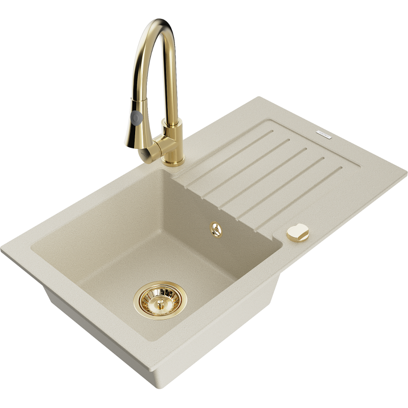 Mexen Pablo Granitspüle 1-Becken mit Abtropffläche und Küchenarmatur Elia, beige - 6510-69-670101-50