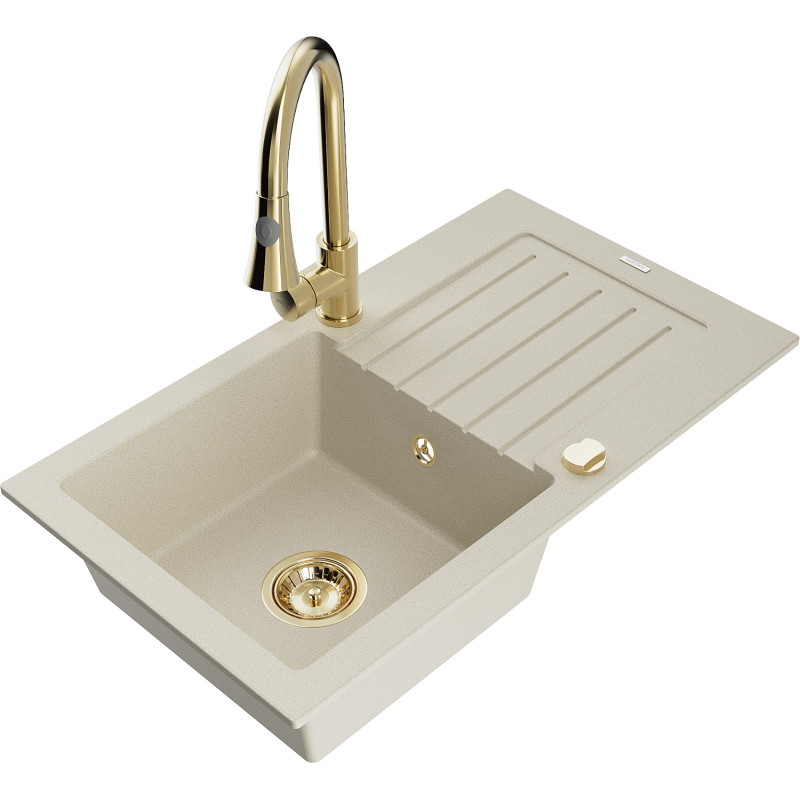 Mexen Pablo Granitspüle 1-beckig mit Abtropffläche und Küchenarmatur Elia, beige - 6510-69-670101-50
