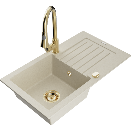 Mexen Pablo Granitspüle 1-Becken mit Abtropffläche und Küchenarmatur Elia, beige - 6510-69-670101-50
