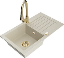 Mexen Pablo Granitspüle 1-Becken mit Abtropffläche und Küchenarmatur Elia, beige - 6510-69-670101-50