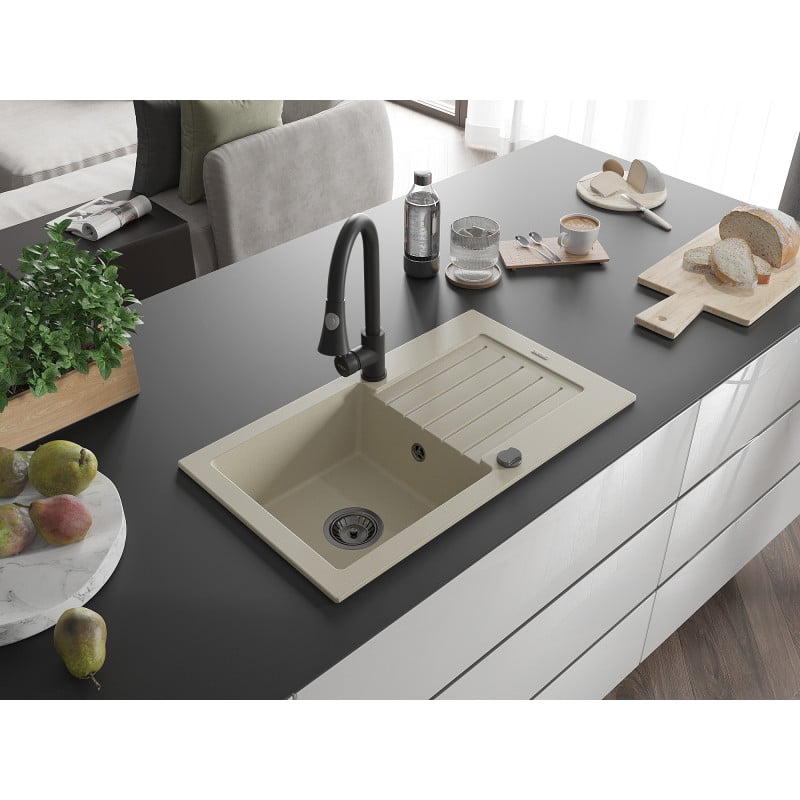 Mexen Pablo Granitspüle einbecken mit Abtropffläche und Küchenarmatur Elia, beige - 6510-69-670101-70
