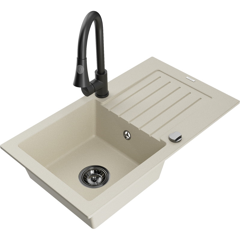 Mexen Pablo Granitspüle 1-beckig mit Abtropffläche und Küchenarmatur Elia, beige - 6510-69-670101-70