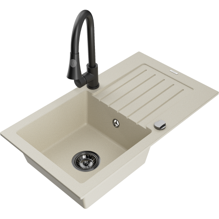 Mexen Pablo Granitspüle 1-beckig mit Abtropffläche und Küchenarmatur Elia, beige - 6510-69-670101-70