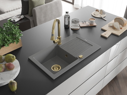 Mexen Pablo Granitspüle 1-Becken mit Abtropffläche und Küchenarmatur Elia, grau - 6510-71-670101-50