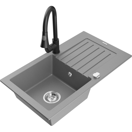 Mexen Pablo 1-Becken Granitspüle mit Abtropffläche und Küchenarmatur Elia, grau - 6510-71-670101-70