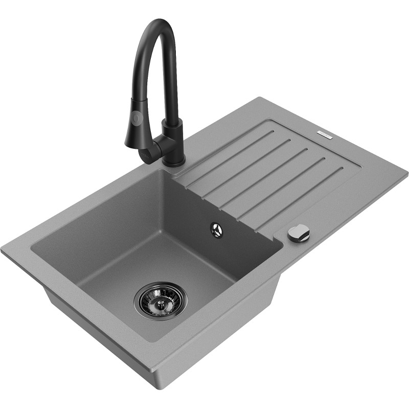 Mexen Pablo Granitspüle 1-Becken mit Abtropffläche und Küchenarmatur Elia, grau - 6510-71-670101-70-B