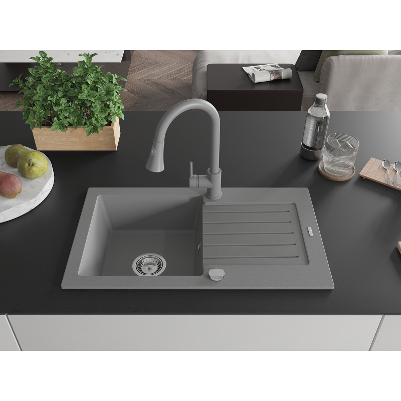 Mexen Pablo Granitspüle 1-Becken mit Abtropffläche und Küchenarmatur Elia, grau - 6510-71-670101-71