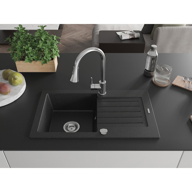 Mexen Pablo Granitspüle 1-beckig mit Abtropffläche und Küchenarmatur Elia, schwarz/silber Metallic - 6510-73-670101-00