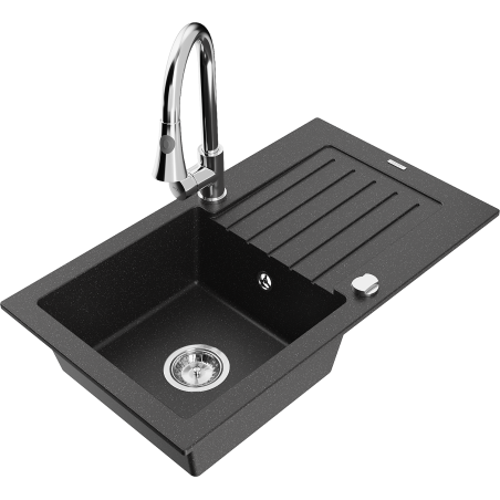 Mexen Pablo Granitspüle 1-becken mit Abtropffläche und Küchenarmatur Elia, schwarz/silber metallic - 6510-73-670101-00