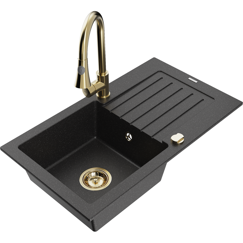 Mexen Pablo Granitspüle 1-beckig mit Abtropffläche und Küchenarmatur Elia, schwarz/silber metallic - 6510-73-670101-50