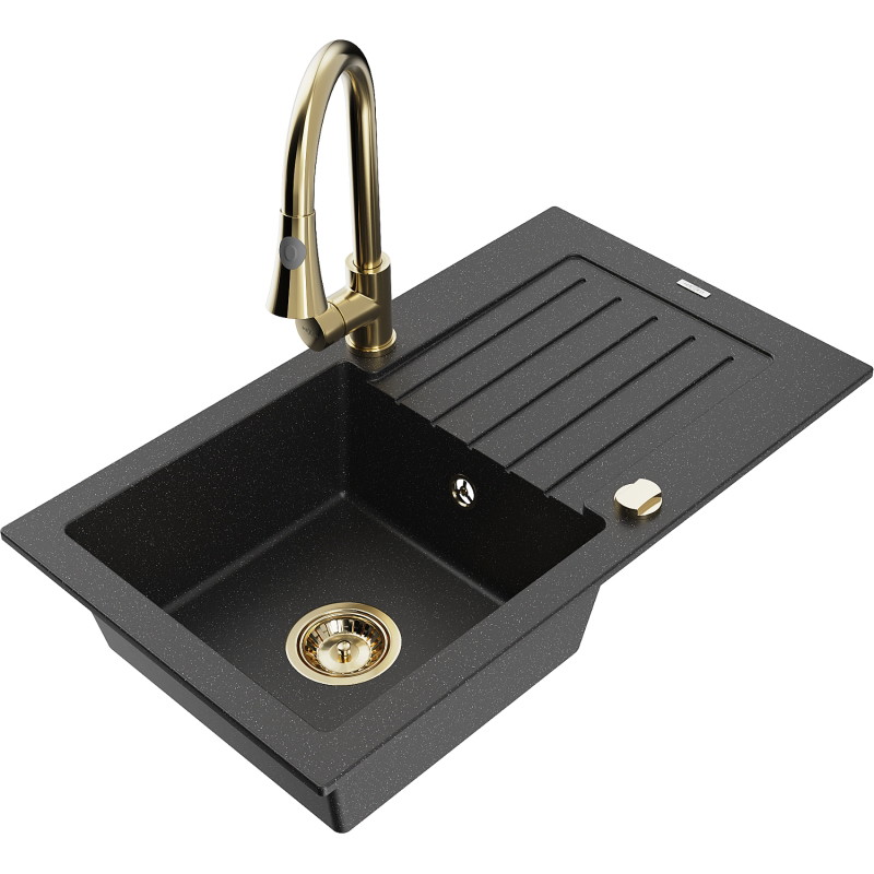 Mexen Pablo Granitspüle 1-fach mit Abtropffläche und Küchenarmatur Elia, schwarz/silber metallic - 6510-73-670101-50