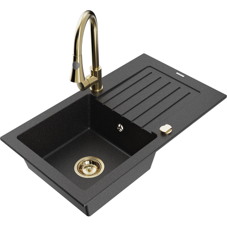 Mexen Pablo Granitspüle 1-beckig mit Abtropffläche und Küchenarmatur Elia, schwarz/silber metallic - 6510-73-670101-50