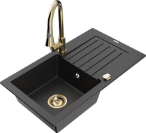Mexen Pablo Granitspüle 1-beckig mit Abtropffläche und Küchenarmatur Elia, schwarz/silber metallic - 6510-73-670101-50