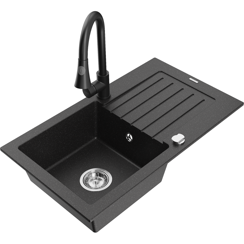 Mexen Pablo Granitspüle 1-becken mit Abtropffläche und Küchenarmatur Elia, schwarz/silber metallic - 6510-73-670101-70