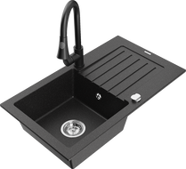 Mexen Pablo Granitspüle 1-becken mit Abtropffläche und Küchenarmatur Elia, schwarz/silber metallic - 6510-73-670101-70