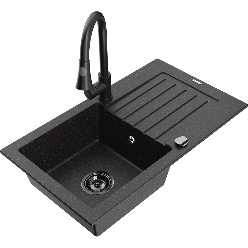 Mexen Pablo Granitspüle 1-beckig mit Abtropffläche und Küchenarmatur Elia, schwarz/silber metallic - 6510-73-670101-70-B