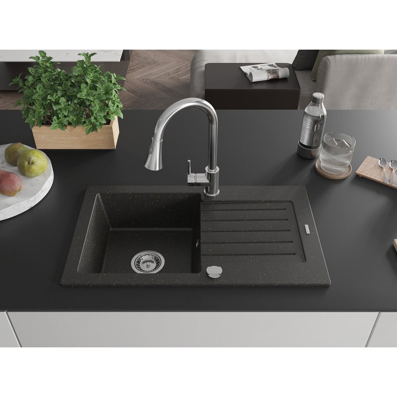 Mexen Pablo Granit-Spülbecken, 1-Becken mit Abtropffläche und Küchenarmatur Elia, schwarz/gold metallic - 6510-75-670101-00