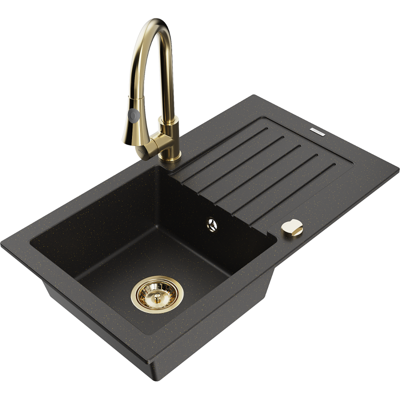 Mexen Pablo Granitspüle 1-Becken mit Abtropffläche und Küchenarmatur Elia, schwarz/gold Metallic - 6510-75-670101-50