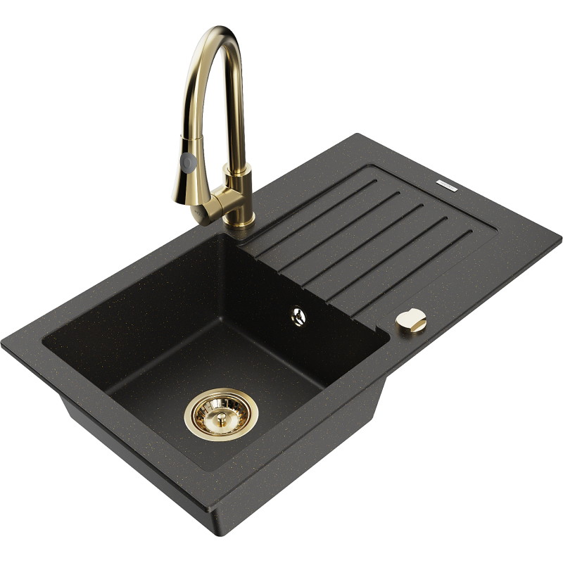 Mexen Pablo Granitspüle 1-beckig mit Abtropffläche und Küchenarmatur Elia, schwarz/gold metallic - 6510-75-670101-50