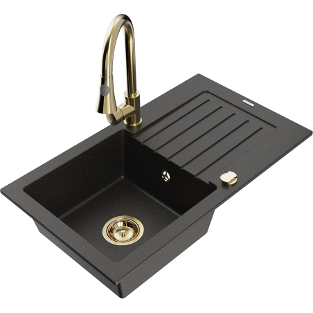 Mexen Pablo Granitspüle 1-Becken mit Abtropffläche und Küchenarmatur Elia, schwarz/gold Metallic - 6510-75-670101-50