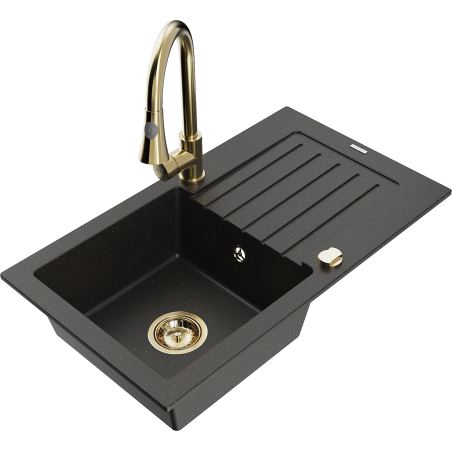 Mexen Pablo Granitspüle 1-beckig mit Abtropffläche und Küchenarmatur Elia, schwarz/gold metallic - 6510-75-670101-50