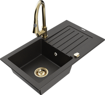 Mexen Pablo Granitspüle 1-beckig mit Abtropffläche und Küchenarmatur Elia, schwarz/gold metallic - 6510-75-670101-50