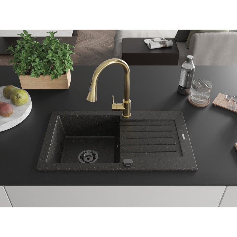 Mexen Pablo Granitspüle 1-Becken mit Abtropffläche und Küchenarmatur Elia, schwarz/gold metallic - 6510-75-670101-50-B