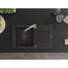 Mexen Pablo Granitspüle 1-Becken mit Abtropffläche und Küchenarmatur Elia, schwarz/gold metallic - 6510-75-670101-50-B