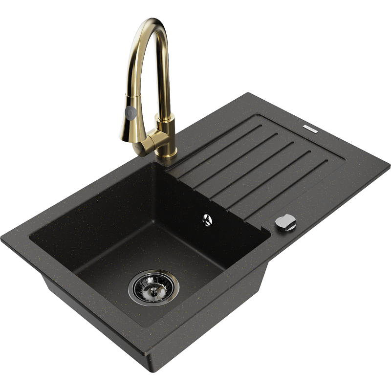Mexen Pablo Granitspüle 1-Becken mit Abtropffläche und Küchenarmatur Elia, schwarz/gold metallic - 6510-75-670101-50-B