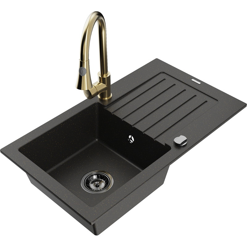 Mexen Pablo Granitspüle, 1-beckig mit Abtropffläche und Küchenarmatur Elia, schwarz/goldener Metallic - 6510-75-670101-50-B