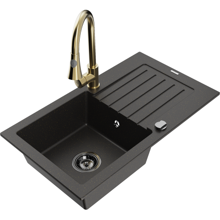 Mexen Pablo Granitspüle 1-Becken mit Abtropffläche und Küchenarmatur Elia, schwarz/gold metallic - 6510-75-670101-50-B