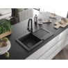 Mexen Pablo Granitspüle 1-Becken mit Abtropffläche und Küchenarmatur Elia, schwarz/goldener Metallic - 6510-75-670101-70-B