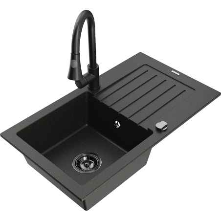 Mexen Pablo Granitspüle 1-Becken mit Abtropffläche und Küchenarmatur Elia, schwarz/goldener Metallic - 6510-75-670101-70-B