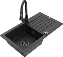 Mexen Pablo Granitspüle 1-Becken mit Abtropffläche und Küchenarmatur Elia, schwarz/goldener Metallic - 6510-75-670101-70-B