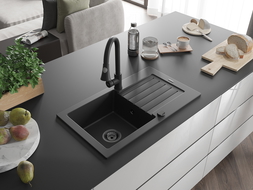 Mexen Pablo Granitspüle 1-Becken mit Abtropffläche und Küchenarmatur Elia, schwarz - 6510-77-670101-70-B
