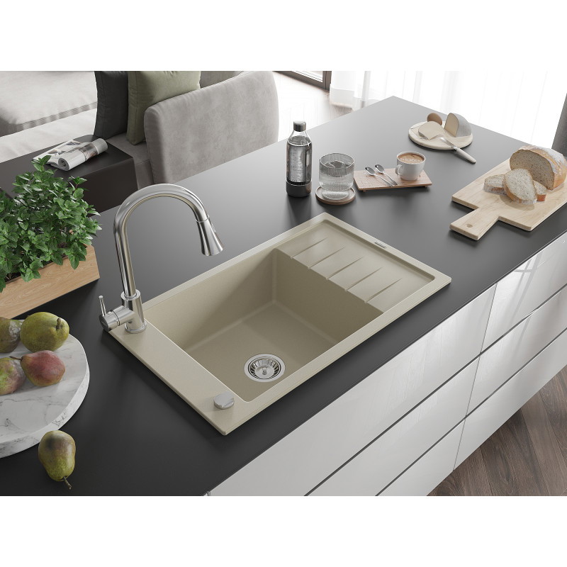Mexen Elias Granitspüle 1-Becken mit Ablage und Küchenarmatur Elia, beige - 6511-69-670101-00