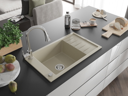 Mexen Elias Granitspüle 1-beckig mit Abtropffläche und Küchenarmatur Elia, beige - 6511-69-670101-00