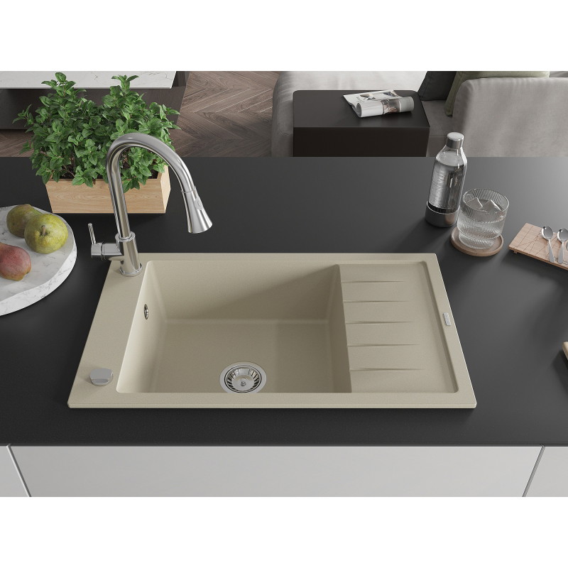 Mexen Elias Granitspüle 1-beckig mit Abtropffläche und Küchenarmatur Elia, beige - 6511-69-670101-00