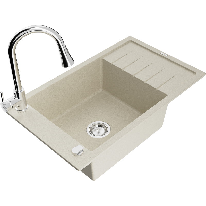 Mexen Elias Granitspüle 1-beckig mit Abtropffläche und Küchenarmatur Elia, beige - 6511-69-670101-00