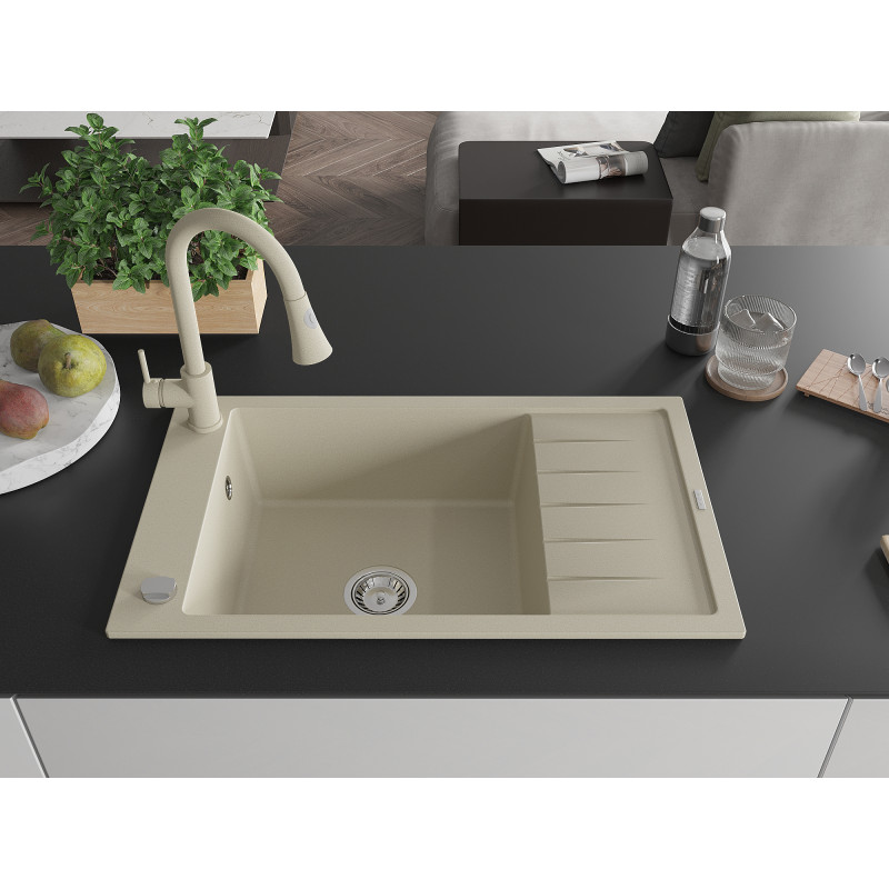 Mexen Elias Granitspüle 1-Becken mit Abtropffläche und Küchenarmatur Elia, beige - 6511-69-670101-69