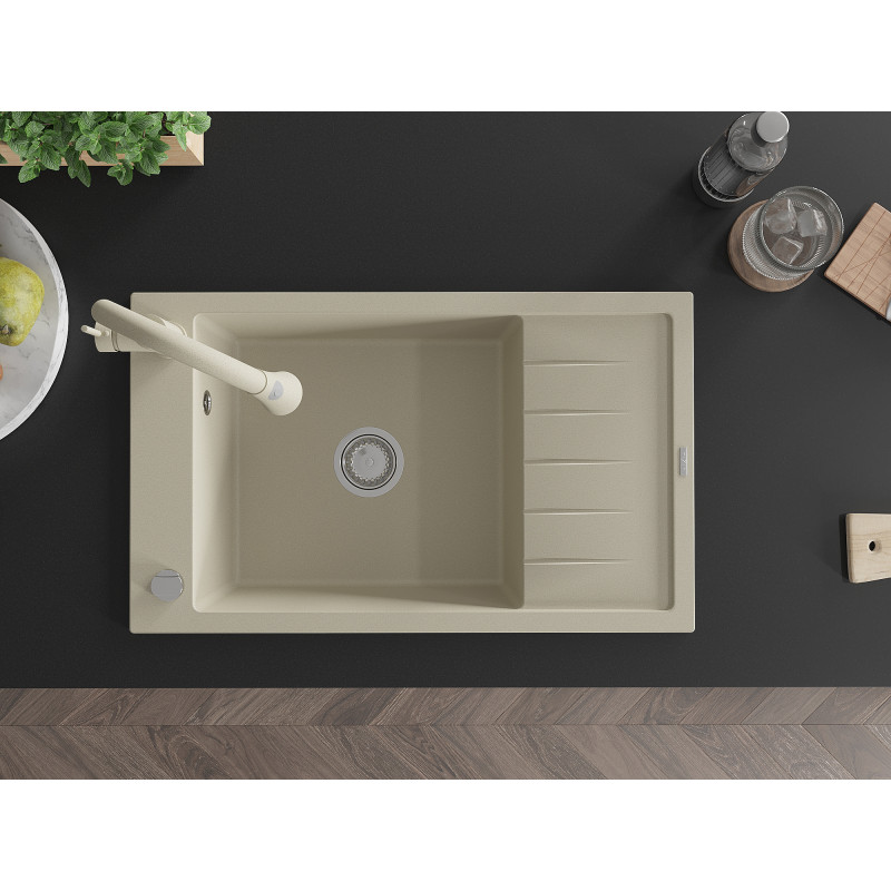 Mexen Elias Granitspüle 1-Becken mit Abtropffläche und Küchenarmatur Elia, beige - 6511-69-670101-69