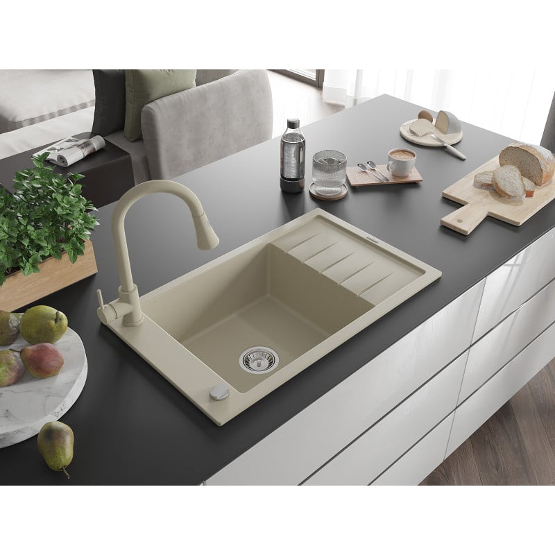 Mexen Elias Granitspüle 1-Becken mit Abtropffläche und Küchenarmatur Elia, beige - 6511-69-670101-69