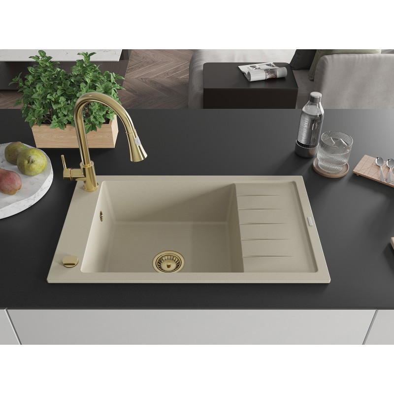Mexen Elias Granitspüle 1-beckig mit Abtropffläche und Küchenarmatur Elia, beige - 6511-69-670101-50