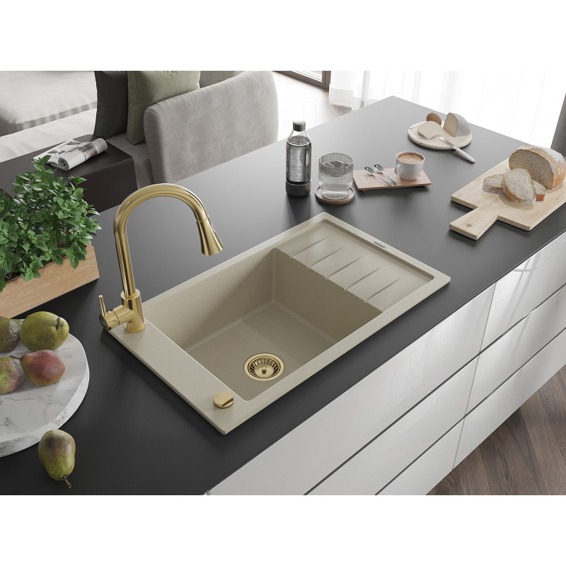 Mexen Elias Granitspüle 1-beckig mit Abtropffläche und Küchenarmatur Elia, beige - 6511-69-670101-50