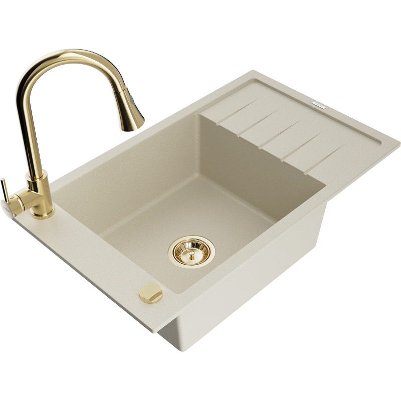 Mexen Elias Granitspüle 1-beckig mit Abtropffläche und Küchenarmatur Elia, beige - 6511-69-670101-50