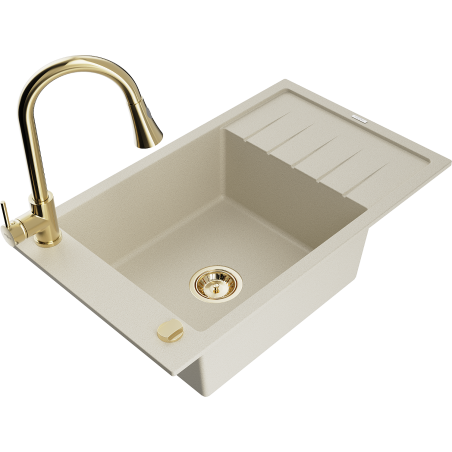 Mexen Elias Granitspüle 1-beckig mit Abtropffläche und Küchenarmatur Elia, beige - 6511-69-670101-50