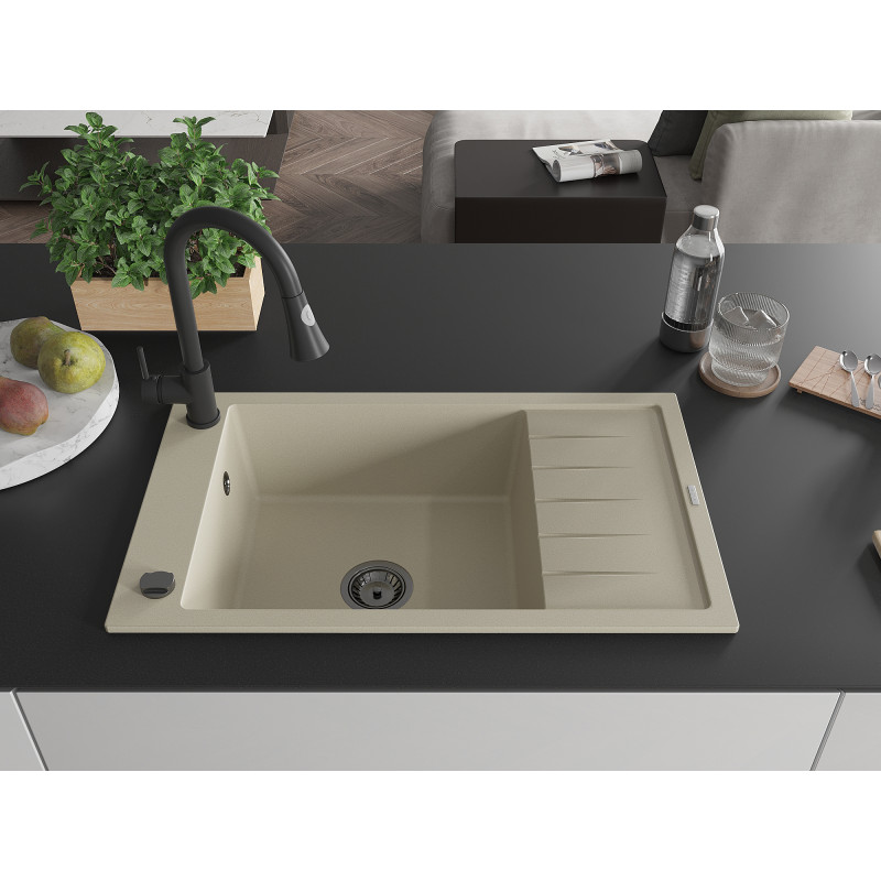 Mexen Elias Granitspüle 1-Becken mit Abtropffläche und Küchenarmatur Elia, beige- 6511-69-670101-70