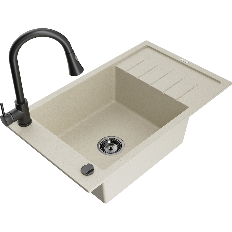 Mexen Elias Granitspüle 1-Becken mit Abtropffläche und Küchenarmatur Elia, beige- 6511-69-670101-70