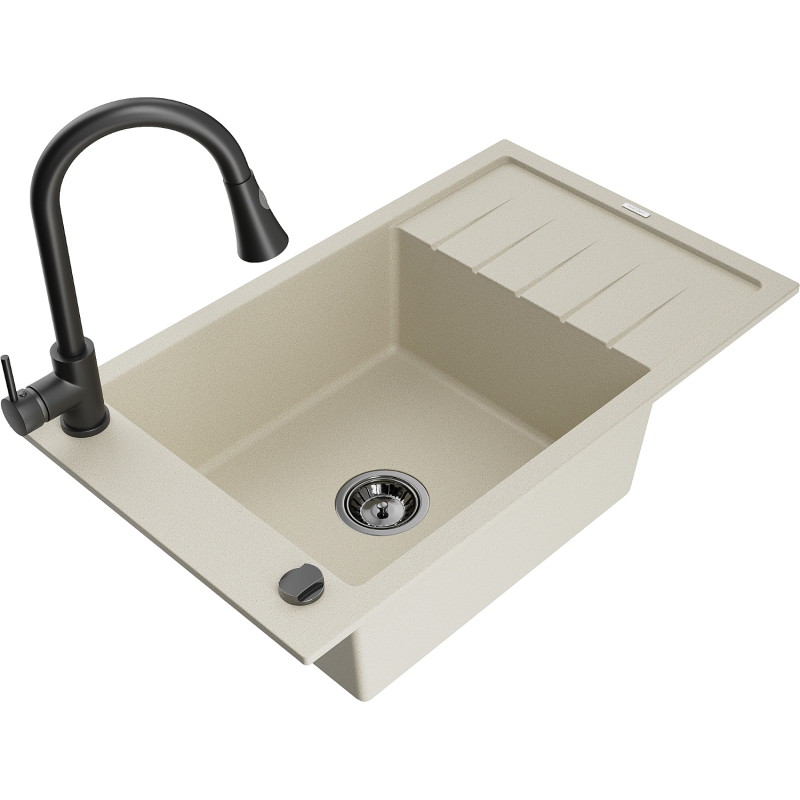 Mexen Elias granitspüle einbau 1-becken mit abtropffläche und küchenarmatur Elia, beige - 6511-69-670101-70